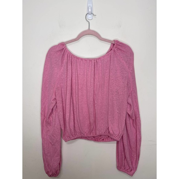 Free People In A Dream Ruched Linen Blend Crop Top in Pink Blouse Long Sleeve - Picture 2 of 7